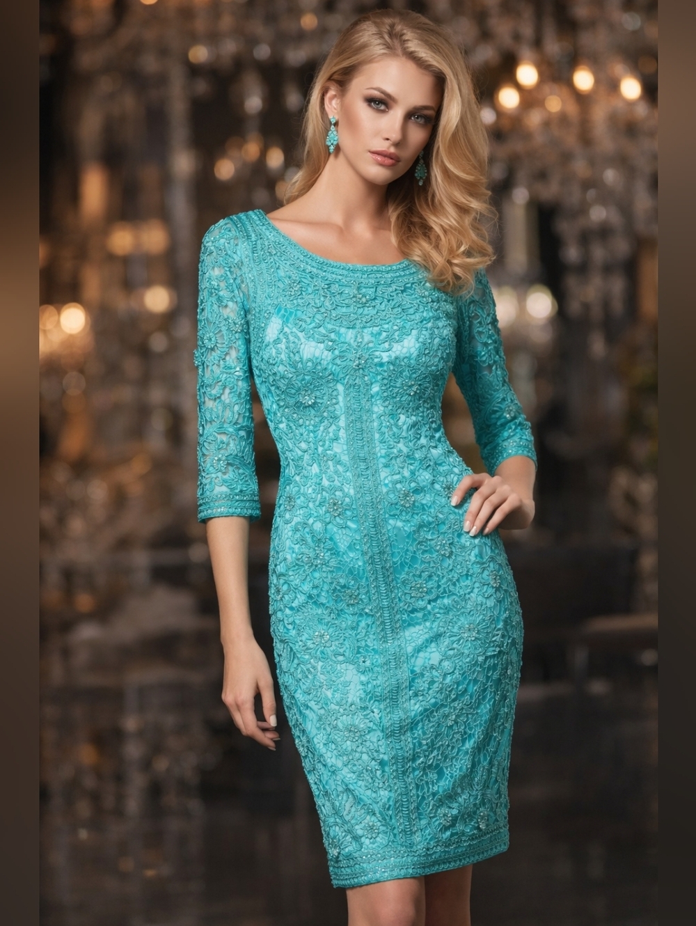 **HOST PICK**NWT SUE WONG NOCTURNE | Lace Dress 3/4 Sleeves US6 #N2111 Turquoise
